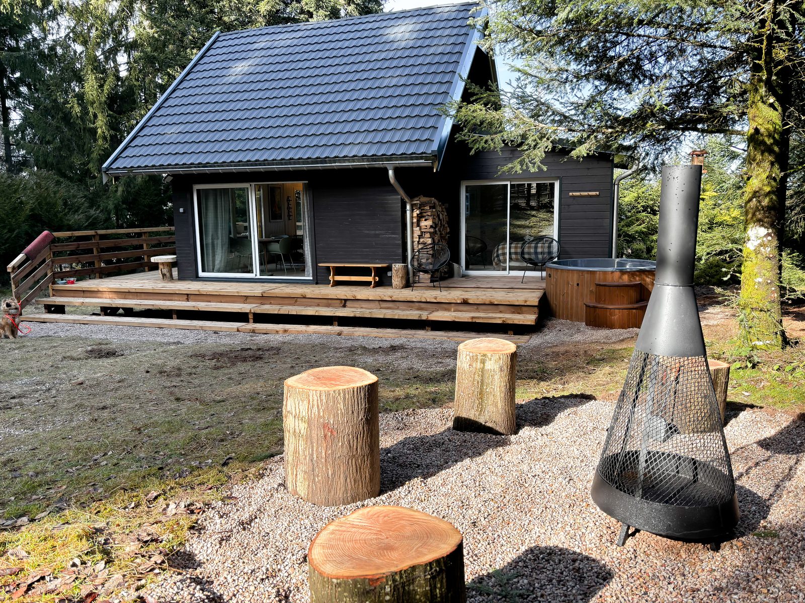 Coin feu avec brasero et rondins de bois