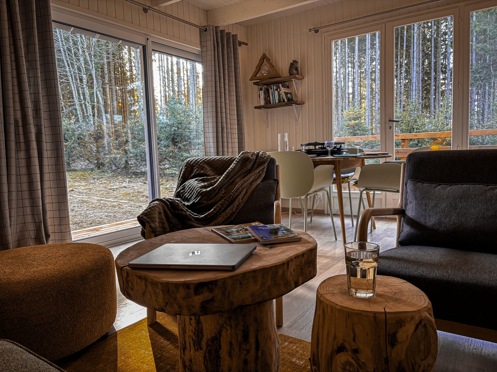 Salon lumineux avec baies vitrées et vue forêt