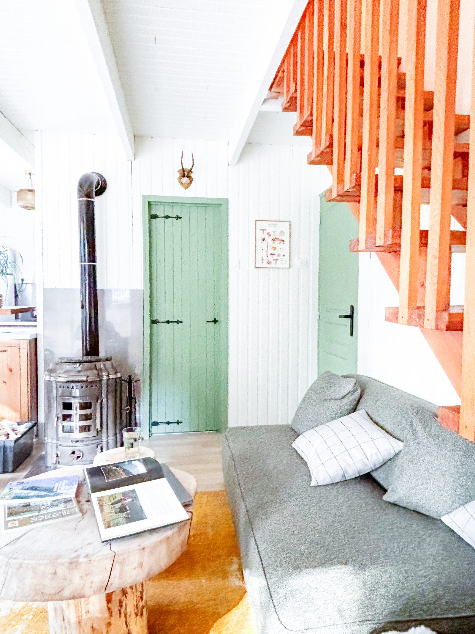 Poêle à bois et portes vertes du chalet